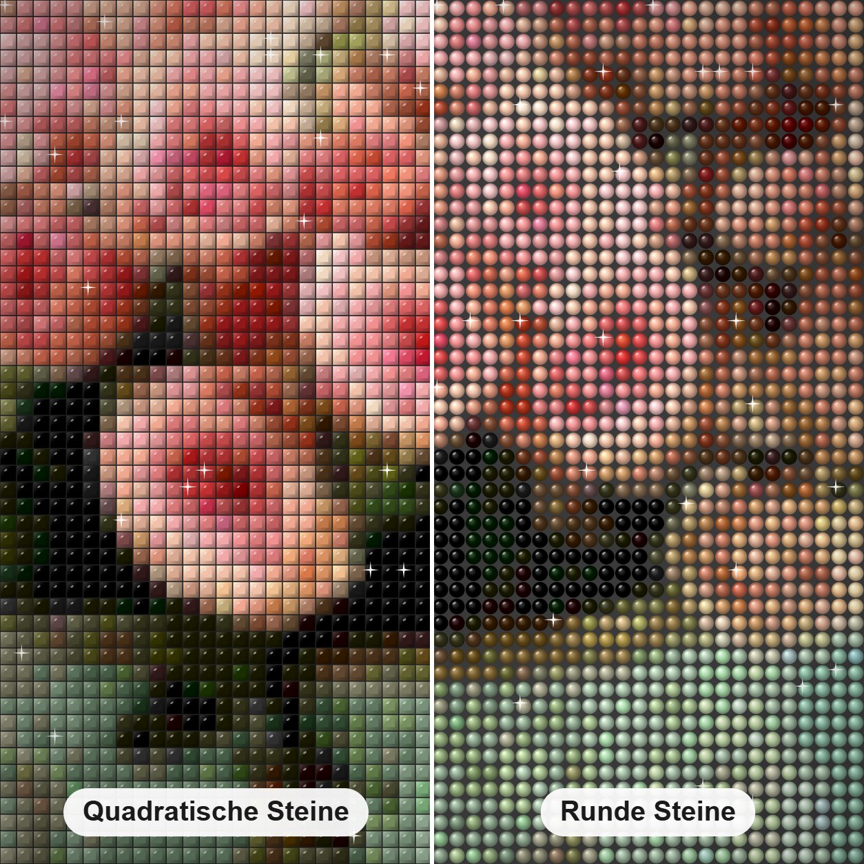 Rosa Rosenstrauß Diamond Painting Nahaufnahme mit quadratischen und runden Steinen