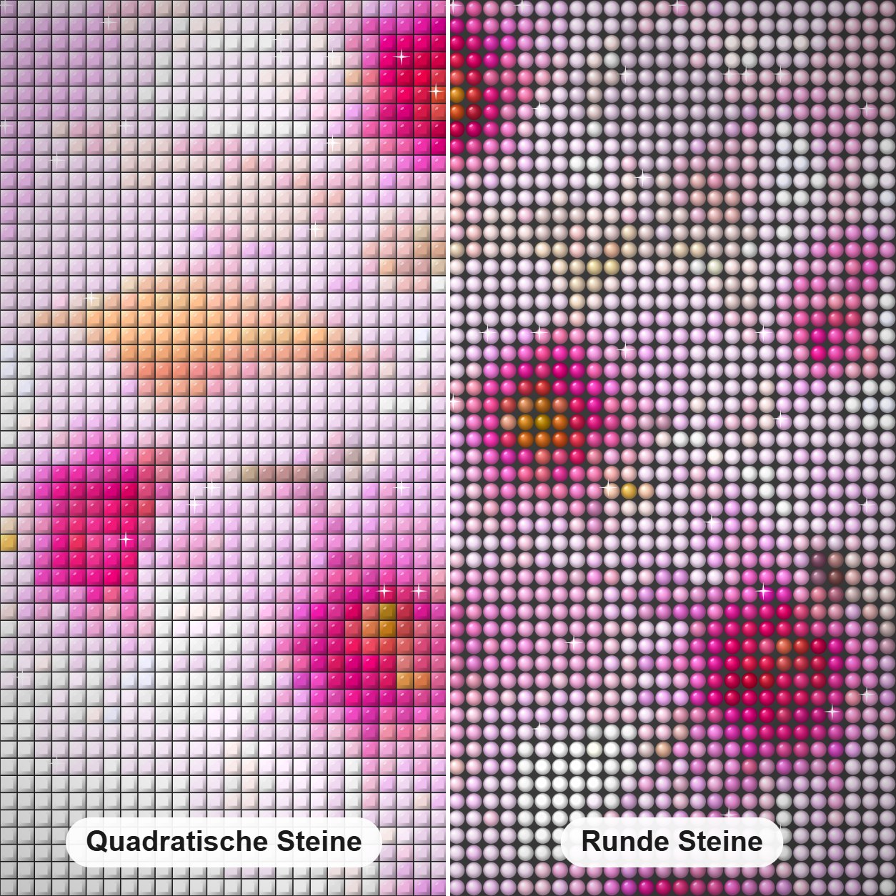 Rosa Sakura-Blumen Diamond Painting Nahaufnahme mit quadratischen und runden Steinen