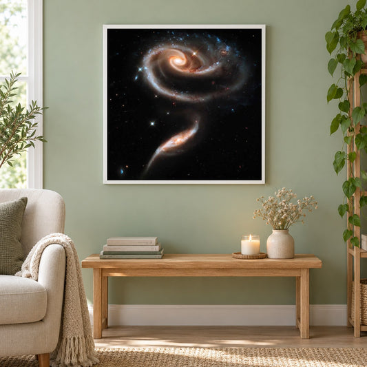 Rose Galaxies ARP-273 als gerahmtes Diamond Painting im Wohnzimmer
