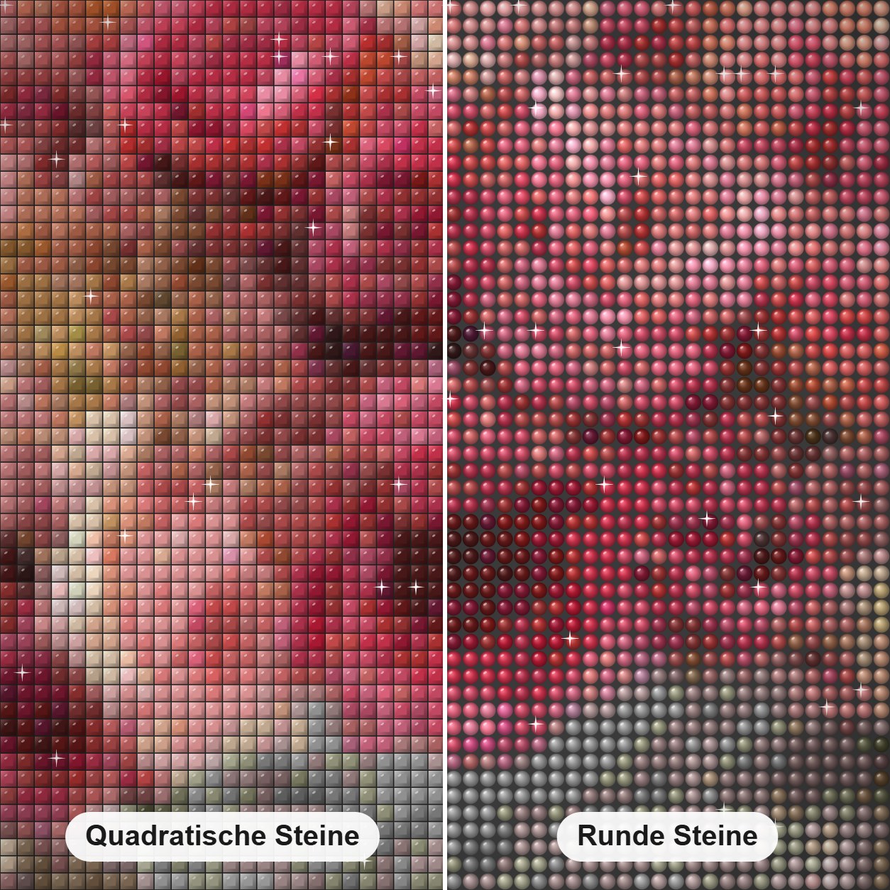 Rosen Diamond Painting Nahaufnahme mit quadratischen und runden Steinen