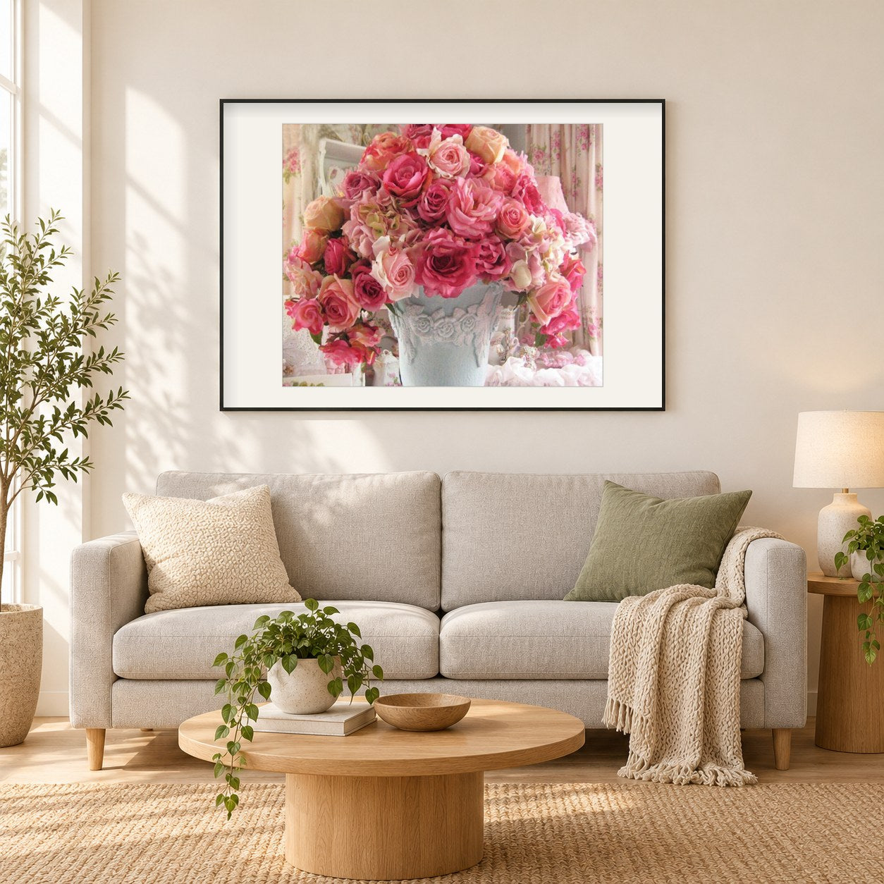 Rosen als gerahmtes Diamond Painting im Wohnzimmer