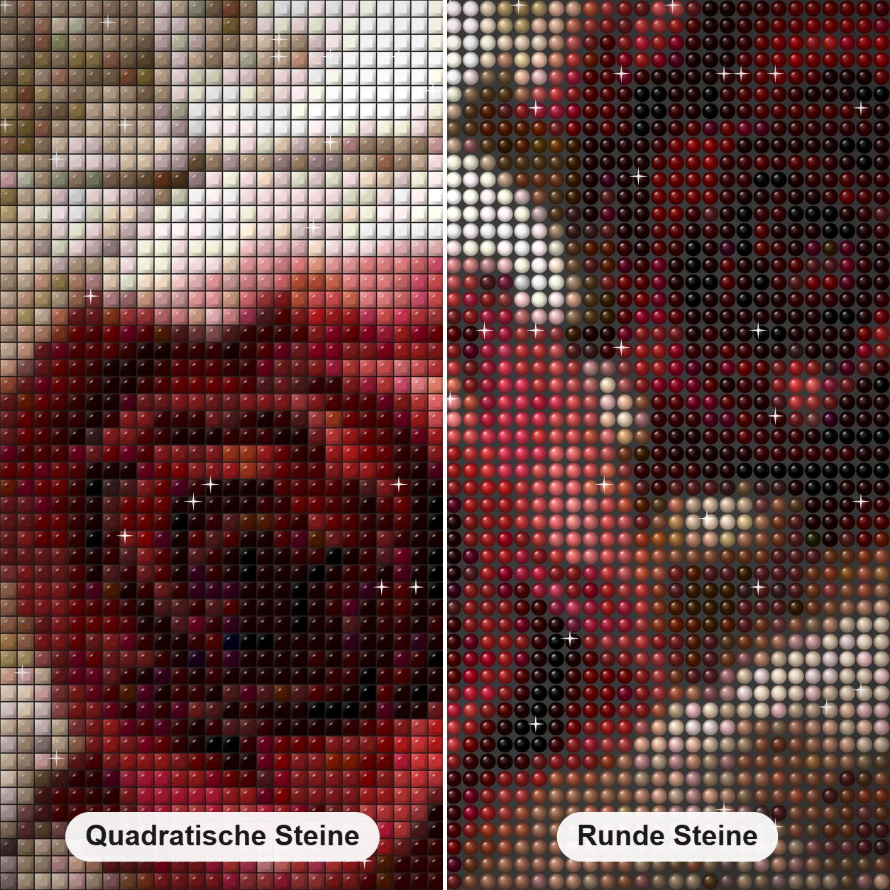 Rosen Diamond Painting Nahaufnahme mit quadratischen und runden Steinen