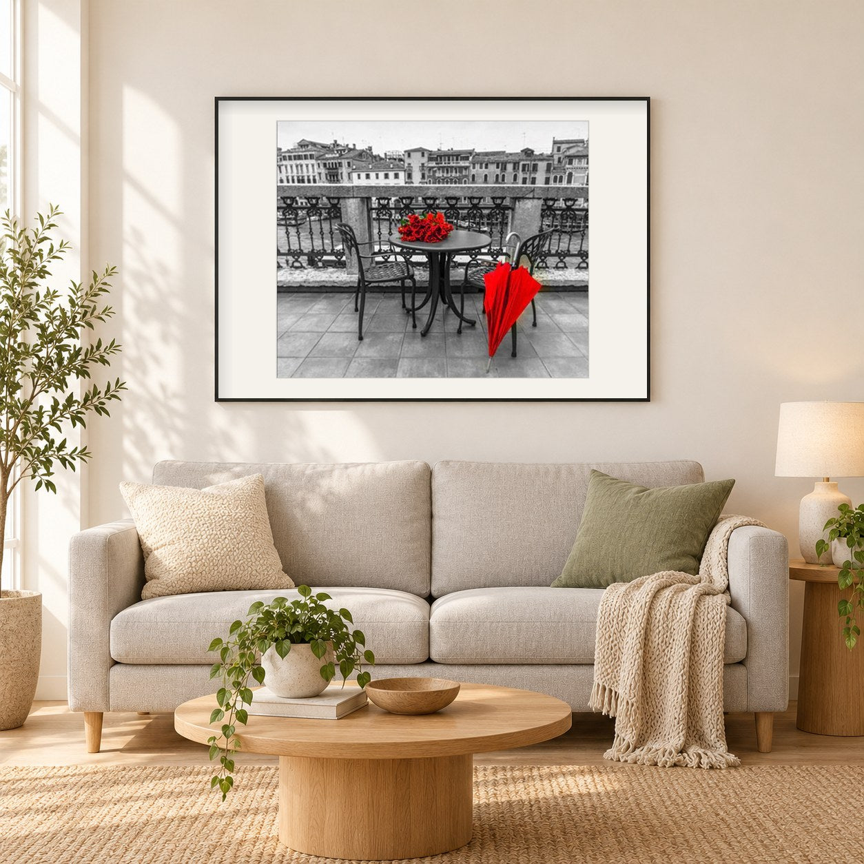 Rosen & Regenschirm als gerahmtes Diamond Painting im Wohnzimmer
