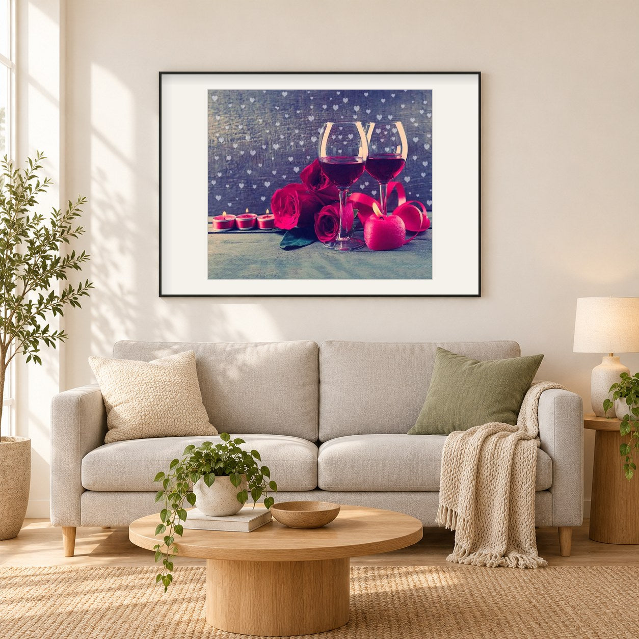 Rosen & Weingläser als gerahmtes Diamond Painting im Wohnzimmer