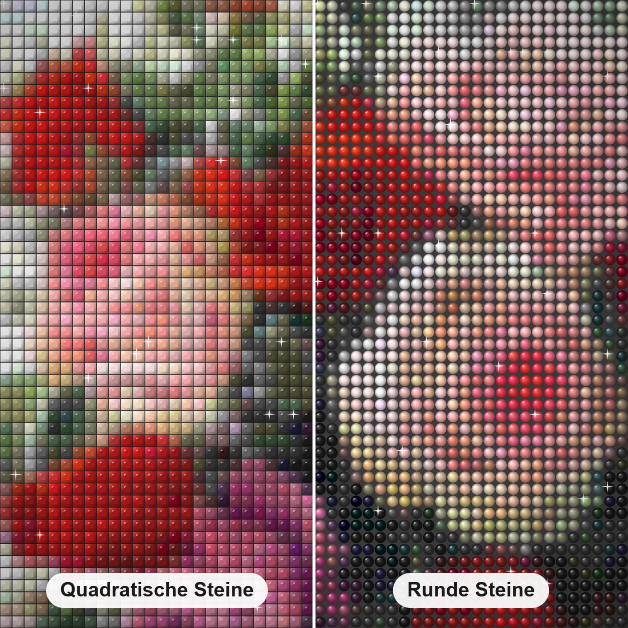 Rosenkorb Diamond Painting Nahaufnahme mit quadratischen und runden Steinen