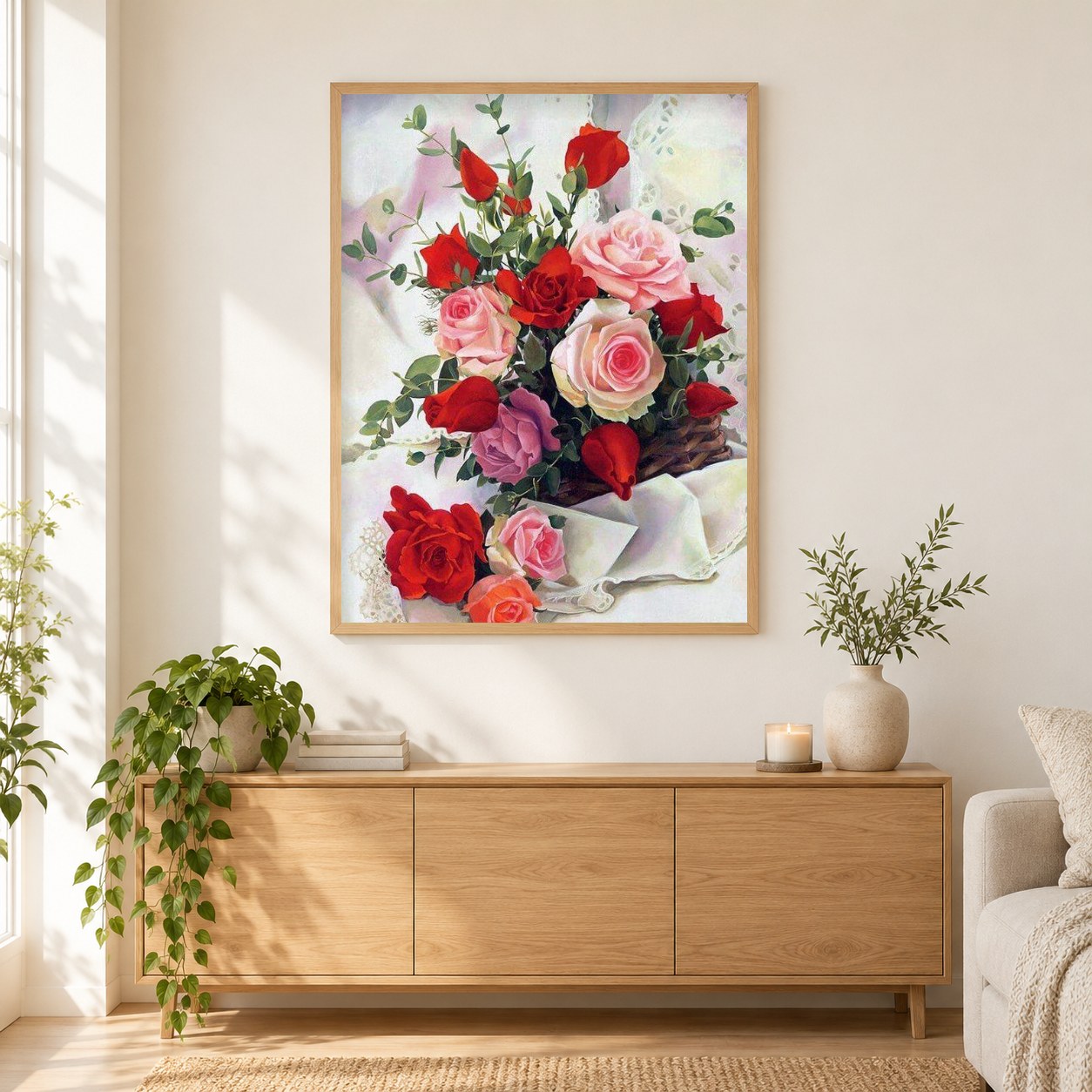 Rosenkorb als gerahmtes Diamond Painting im Wohnzimmer