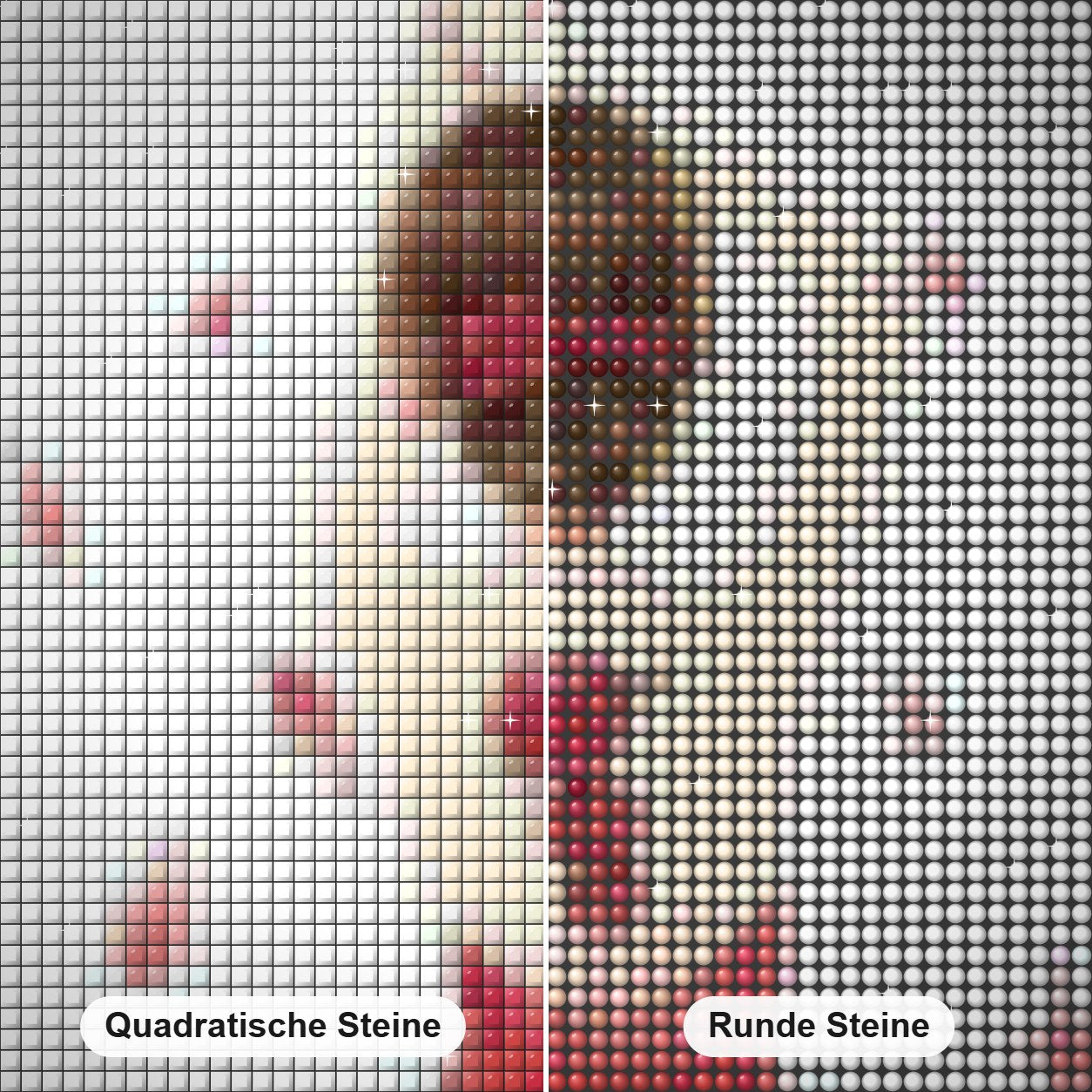 Rosenmädchen Diamond Painting Nahaufnahme mit quadratischen und runden Steinen