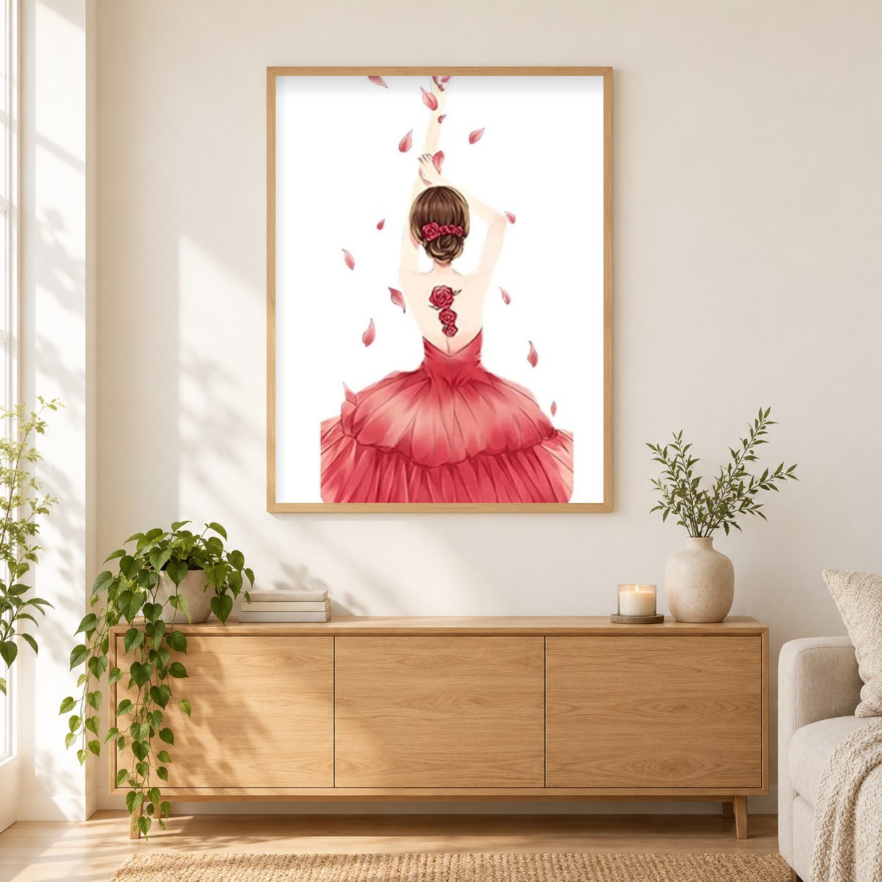 Rosenmädchen als gerahmtes Diamond Painting im Wohnzimmer