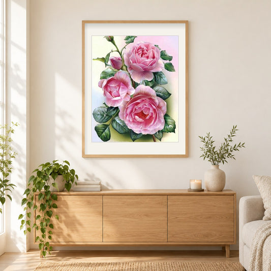 Rosenschönheit - Diamanten malen als gerahmtes Diamond Painting im Wohnzimmer