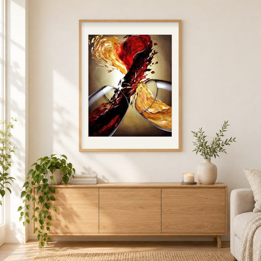 Rot und Weißwein als gerahmtes Diamond Painting im Wohnzimmer