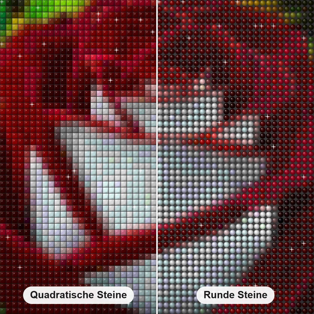 Rot Weiß Osiria Ruby Rose Diamond Painting Nahaufnahme mit quadratischen und runden Steinen