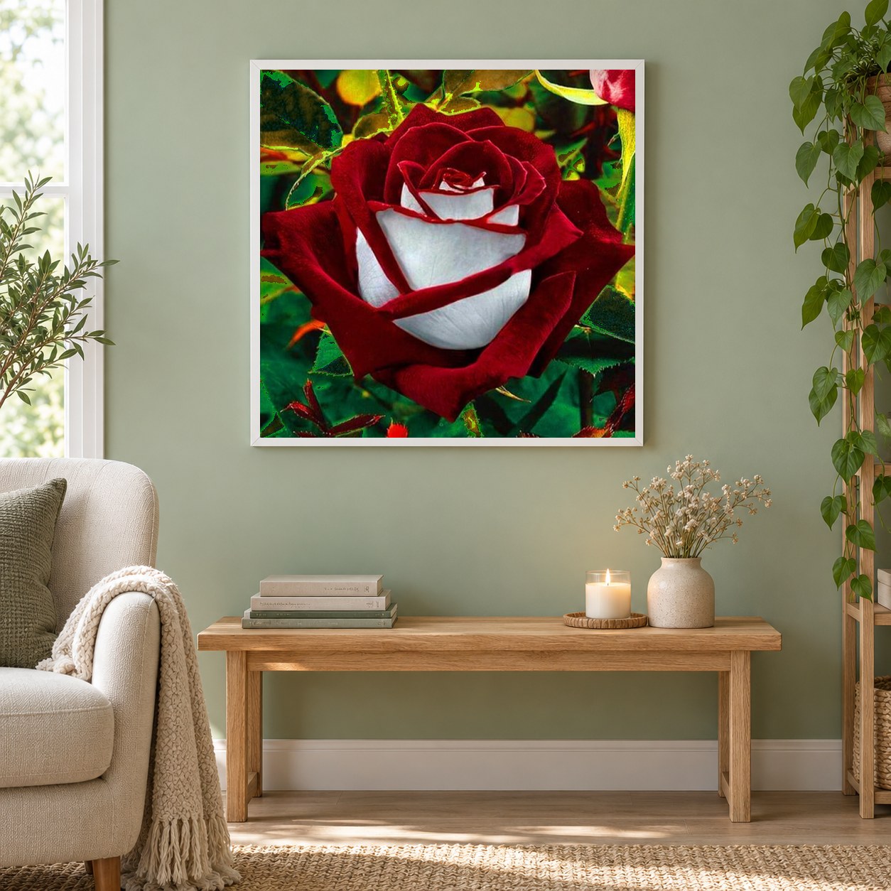 Rot Weiß Osiria Ruby Rose als gerahmtes Diamond Painting im Wohnzimmer