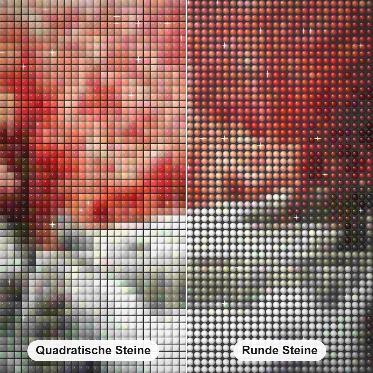 Rote Bäume und Wasserfall Diamond Painting Nahaufnahme mit quadratischen und runden Steinen