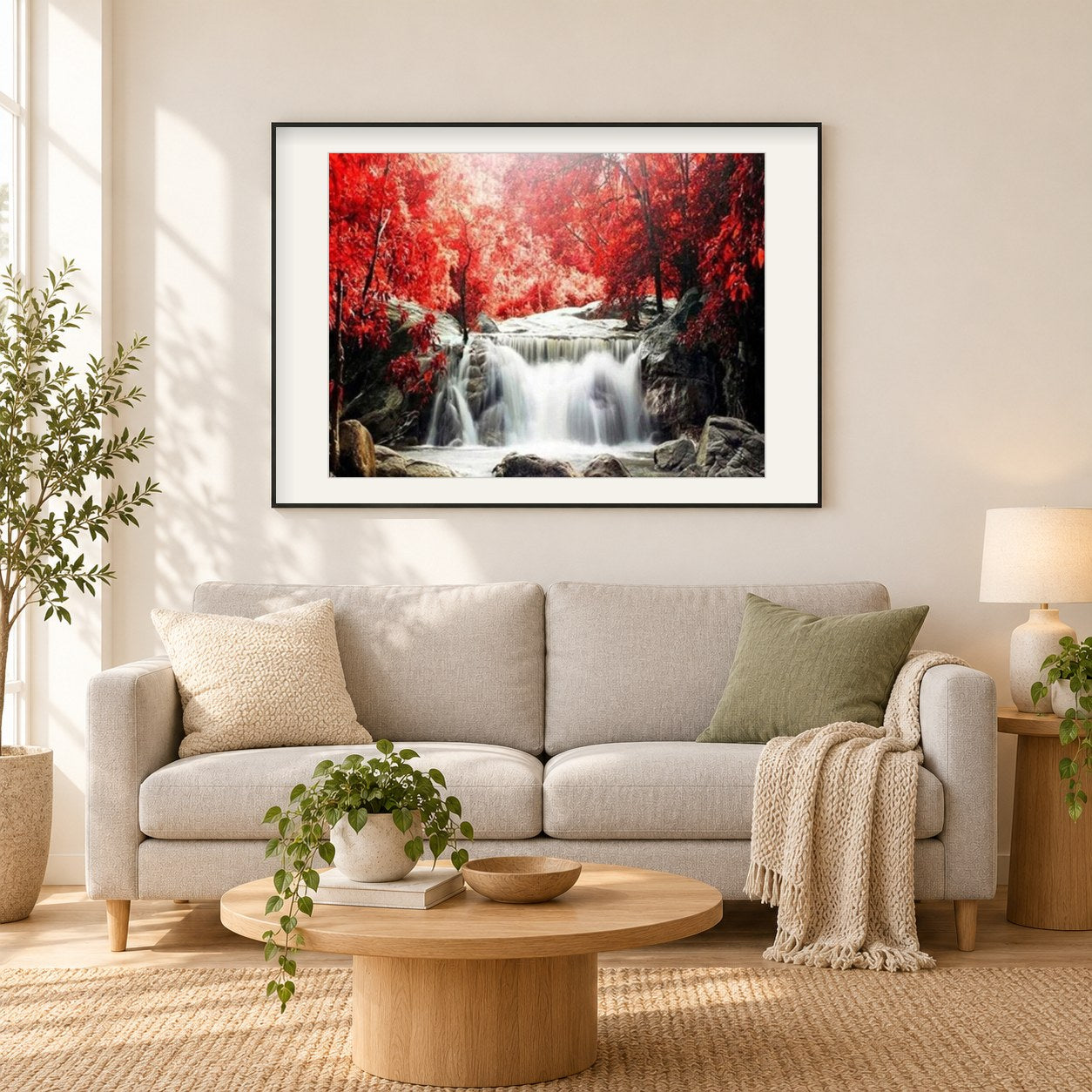 Rote Bäume und Wasserfall als gerahmtes Diamond Painting im Wohnzimmer