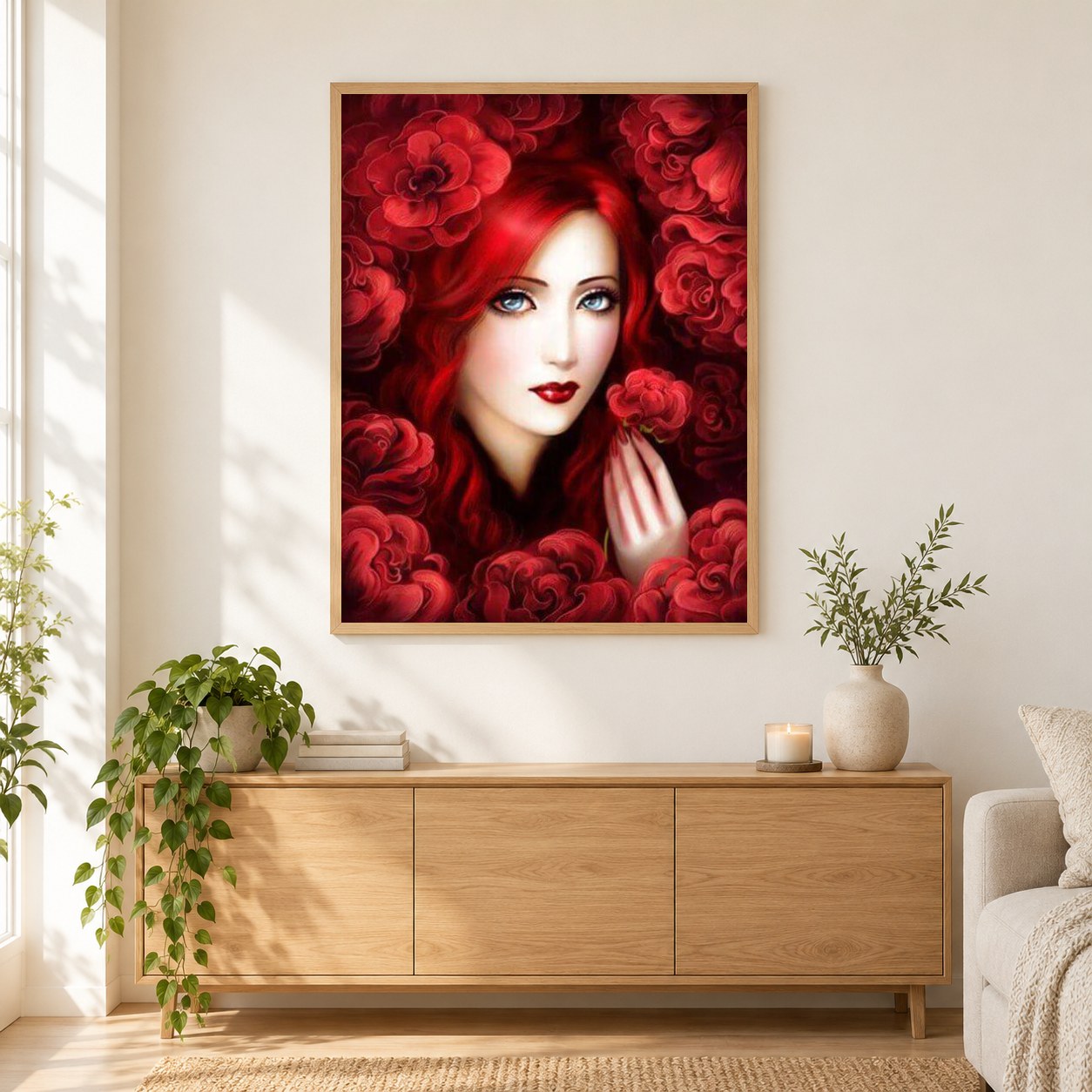 Rote Blumen & wunderschöne Dame als gerahmtes Diamond Painting im Wohnzimmer