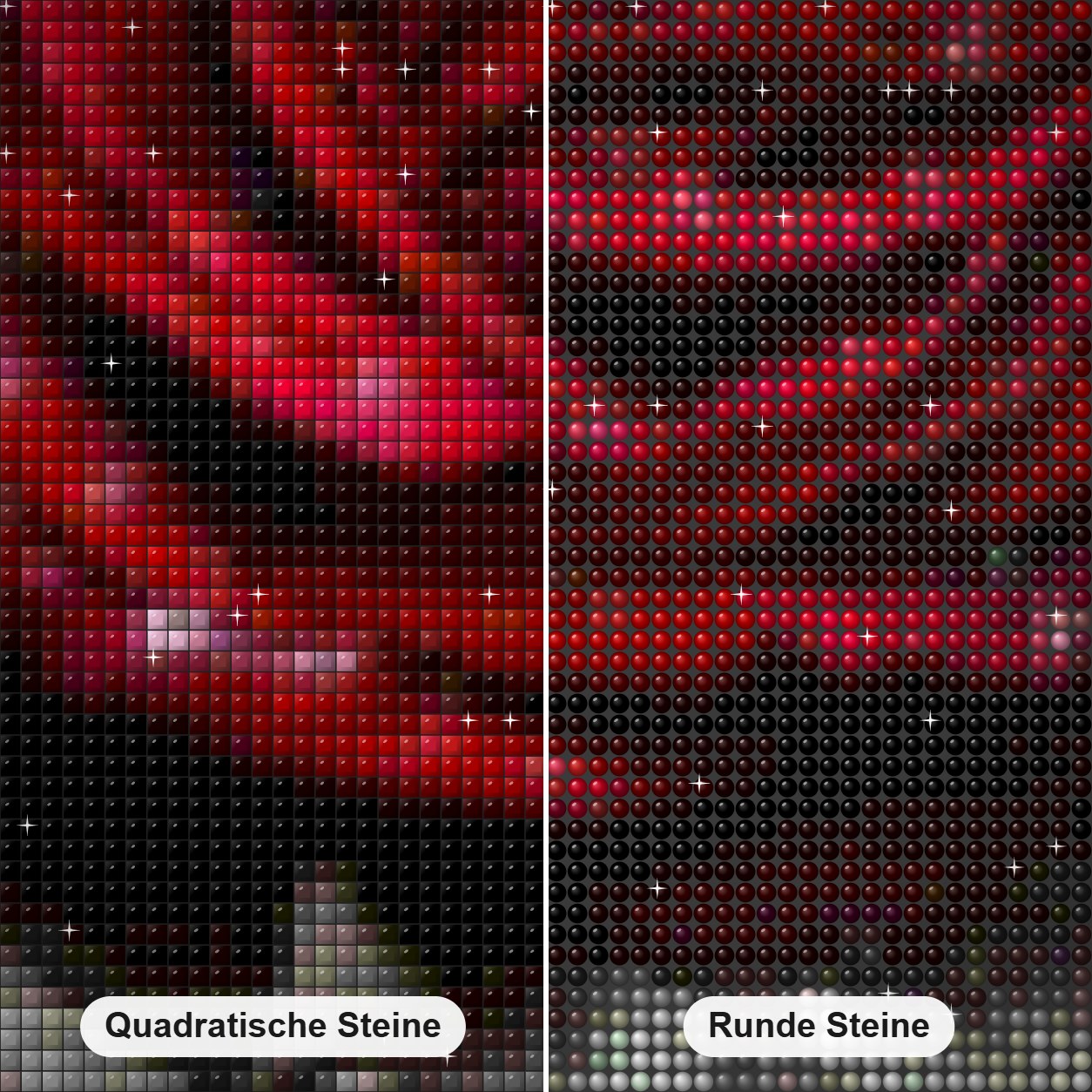 Rote Rose Diamond Painting Nahaufnahme mit quadratischen und runden Steinen
