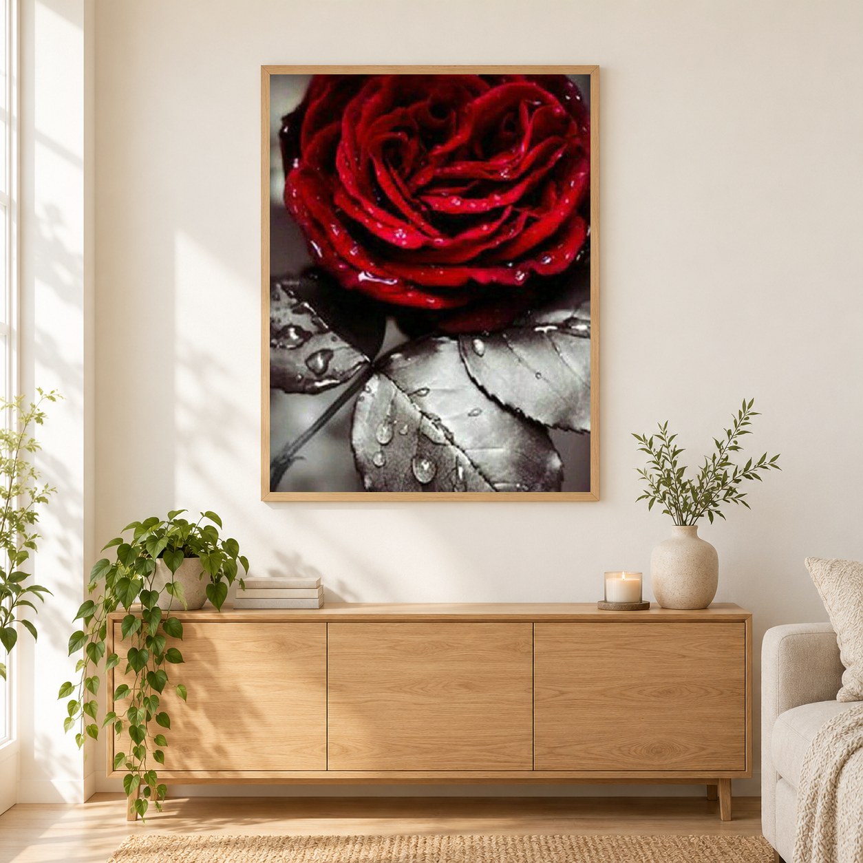 Rote Rose als gerahmtes Diamond Painting im Wohnzimmer