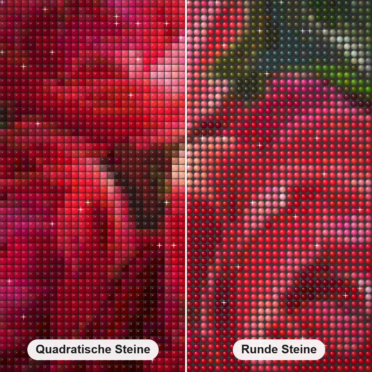 Rote Rosen & Kolibris Diamond Painting Nahaufnahme mit quadratischen und runden Steinen
