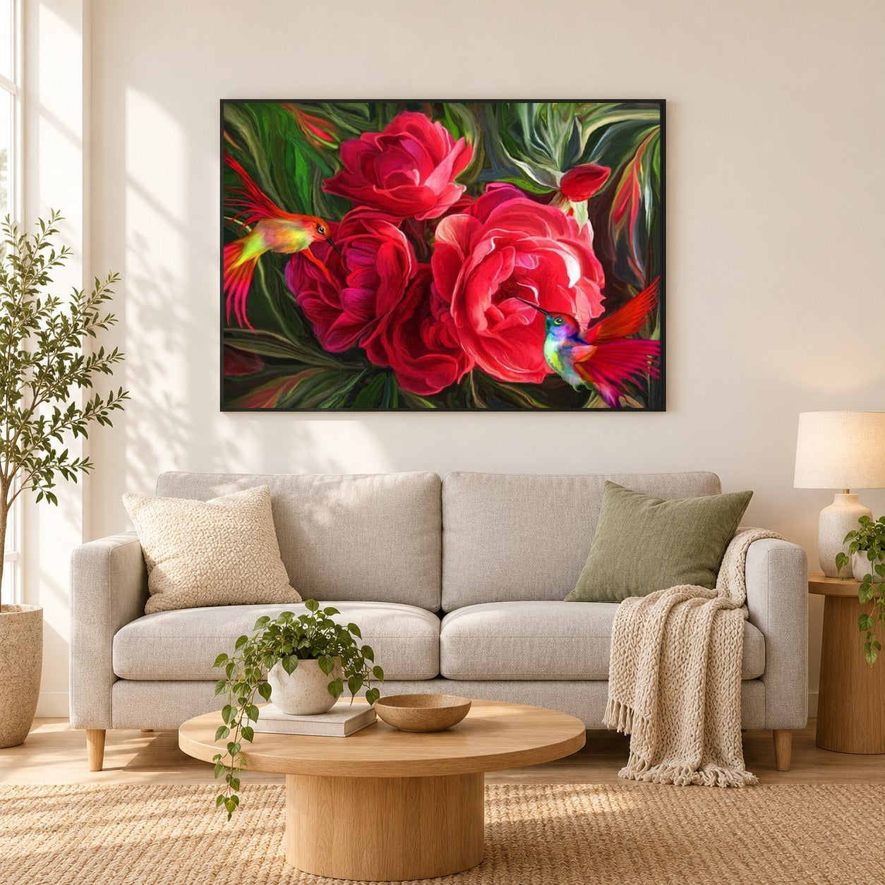 Rote Rosen & Kolibris als gerahmtes Diamond Painting im Wohnzimmer
