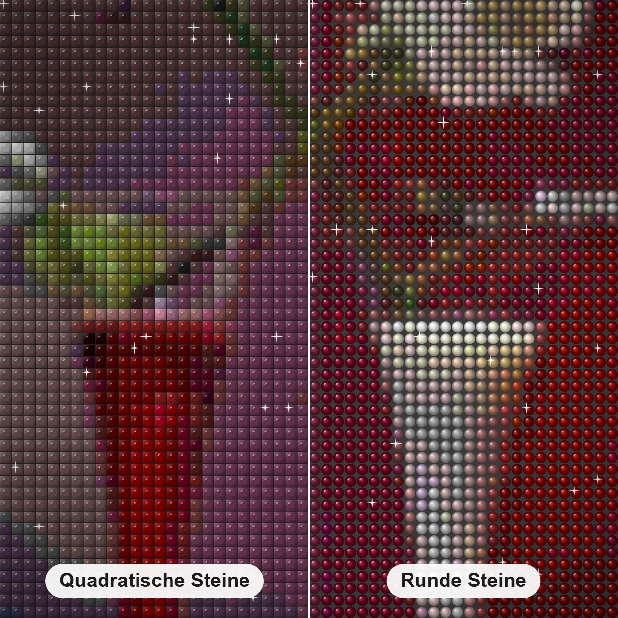 Rote & weiße Rosen Diamond Painting Nahaufnahme mit quadratischen und runden Steinen