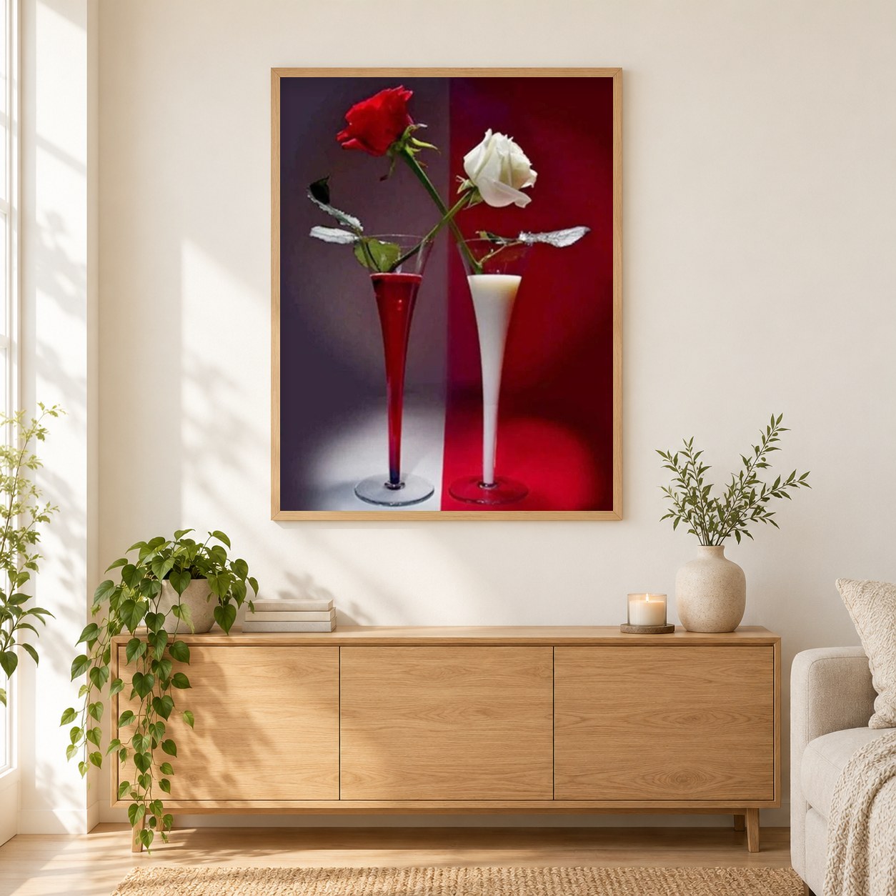 Rote & weiße Rosen als gerahmtes Diamond Painting im Wohnzimmer