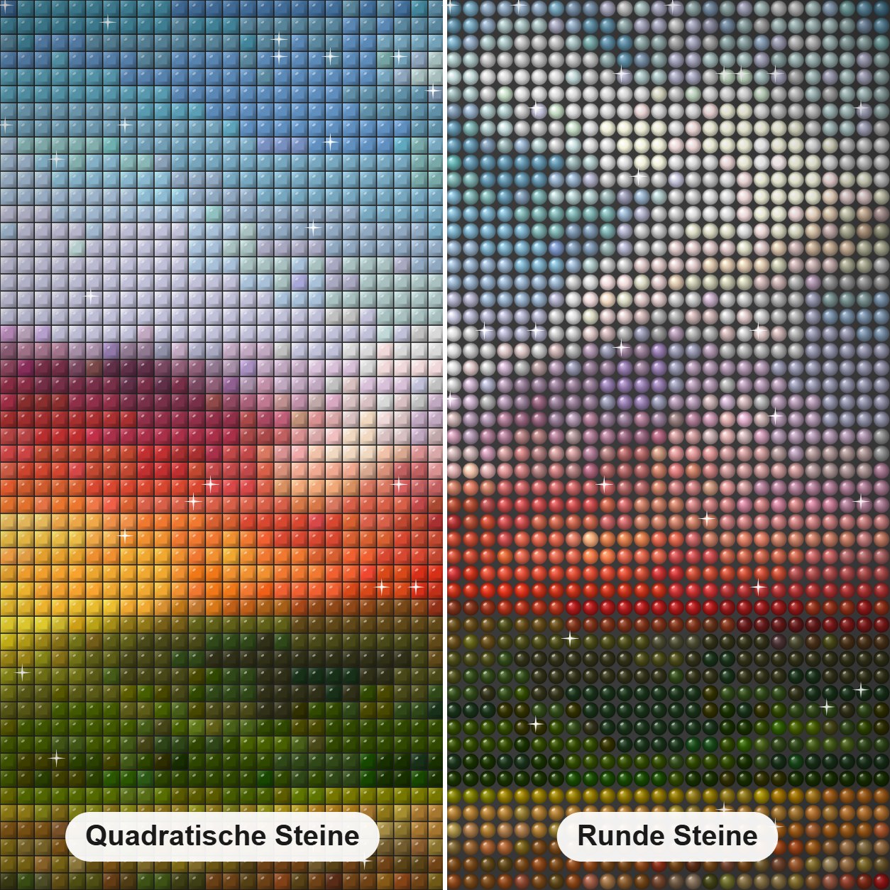 Roter Himmel & Blumenbeete Diamond Painting Nahaufnahme mit quadratischen und runden Steinen