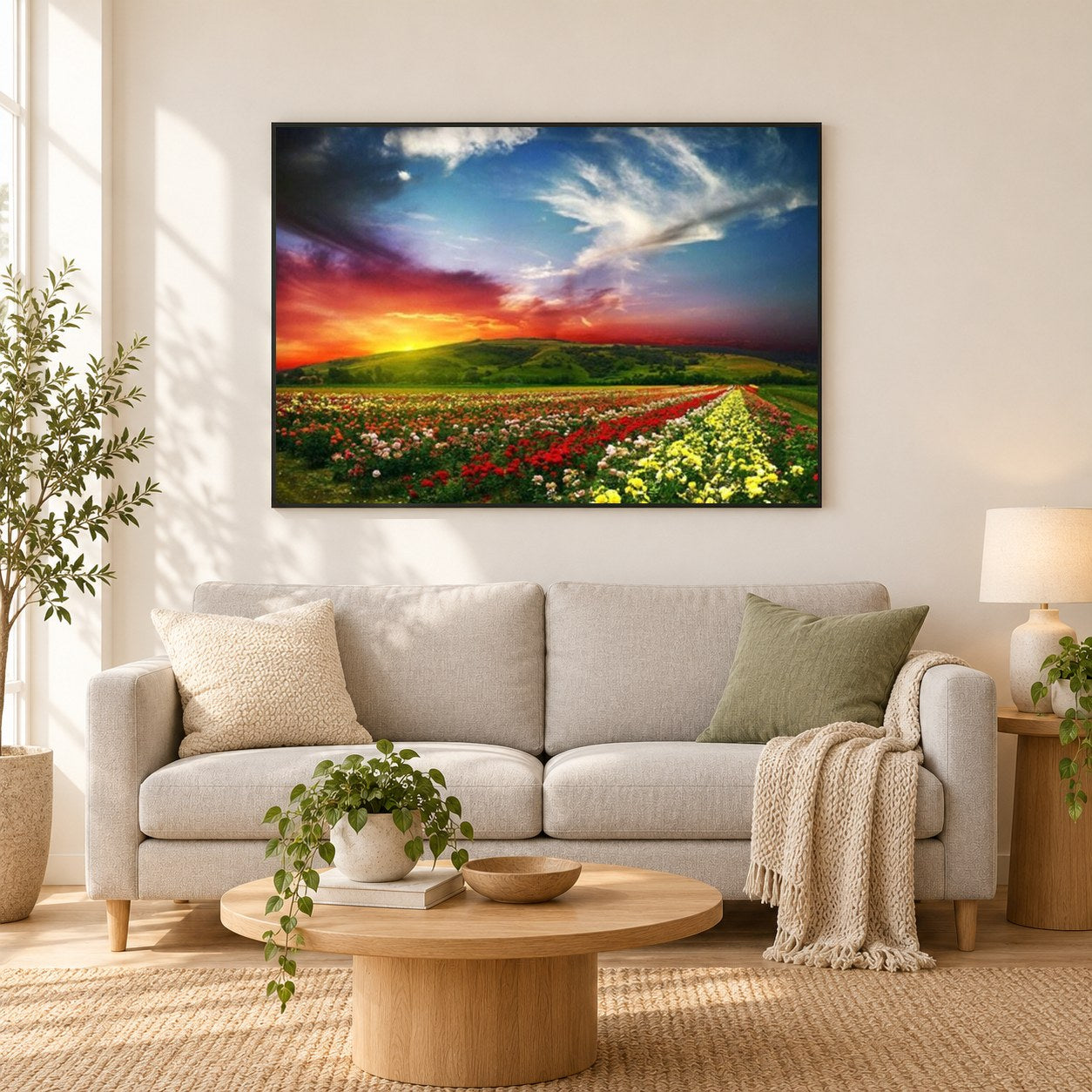 Roter Himmel & Blumenbeete als gerahmtes Diamond Painting im Wohnzimmer