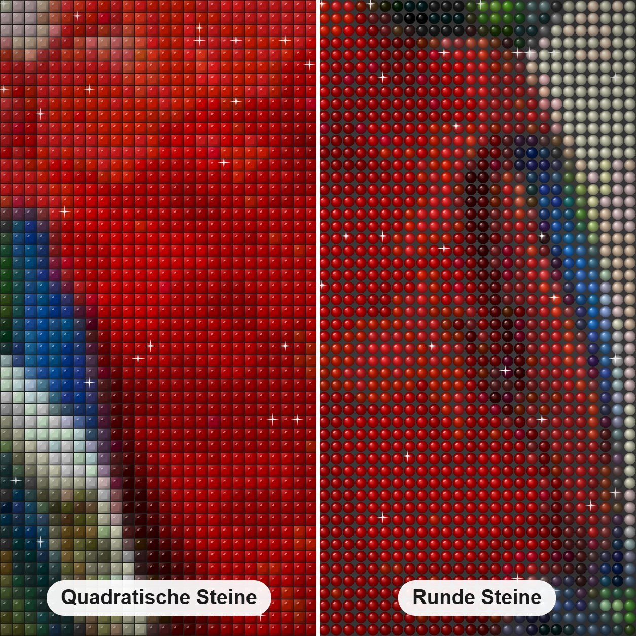 roter Papagei Diamond Painting Nahaufnahme mit quadratischen und runden Steinen
