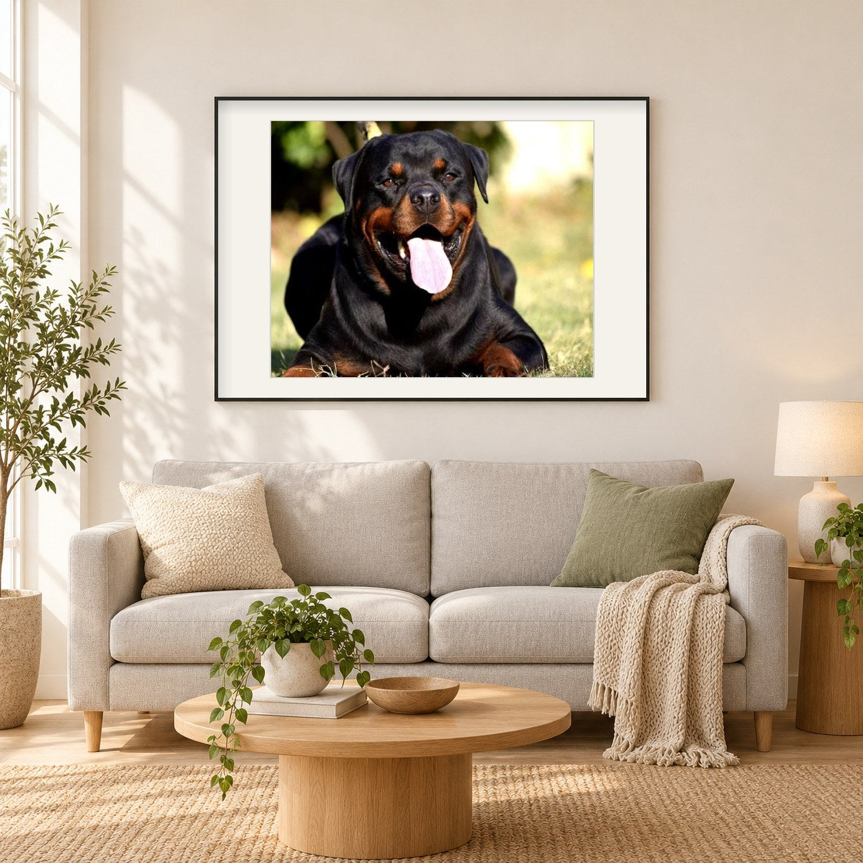 Rottweiler gähnt als gerahmtes Diamond Painting im Wohnzimmer