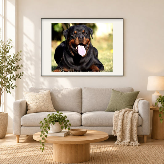 Rottweiler gähnt als gerahmtes Diamond Painting im Wohnzimmer