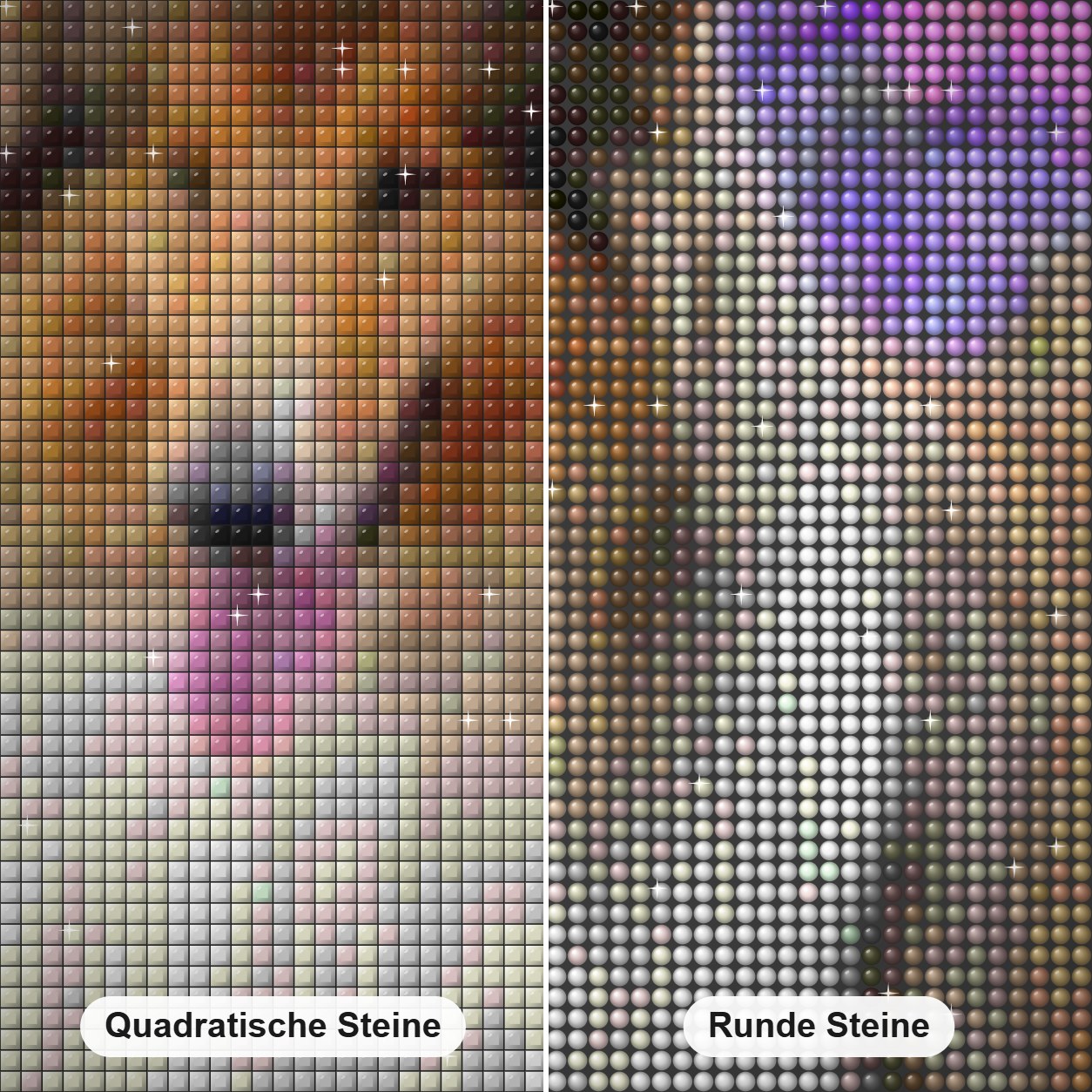 Rough Collie Diamond Painting Nahaufnahme mit quadratischen und runden Steinen