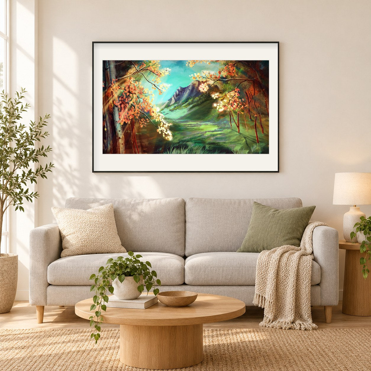 Runde Tal-Espen Mt Morrison - Kunst des Jean Guillet als gerahmtes Diamond Painting im Wohnzimmer