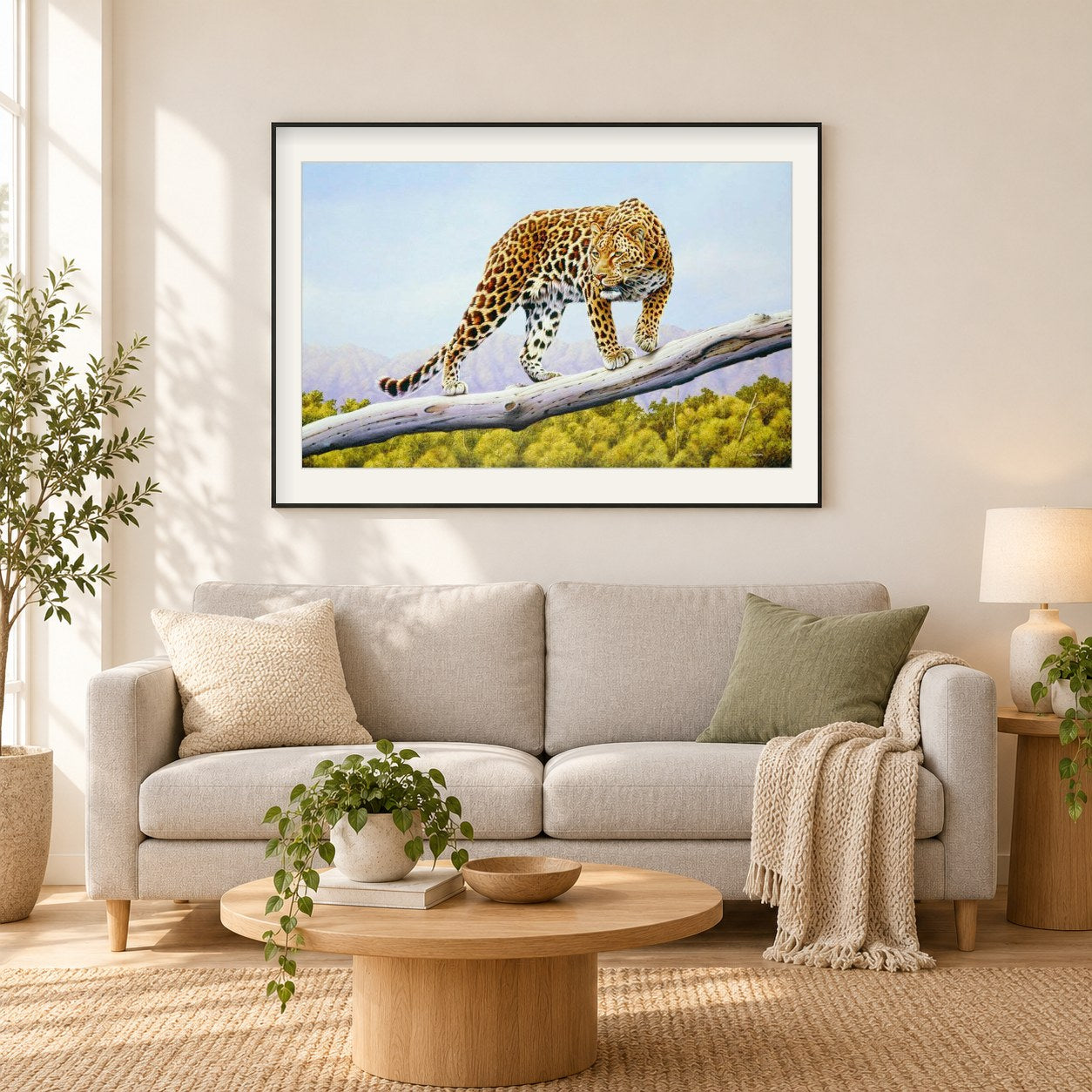 Ruckomechi Leopard -  Kunst des Eric Wilson als gerahmtes Diamond Painting im Wohnzimmer