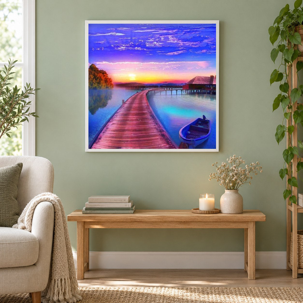 Ruheboot & Sonnenuntergang Blick als gerahmtes Diamond Painting im Wohnzimmer