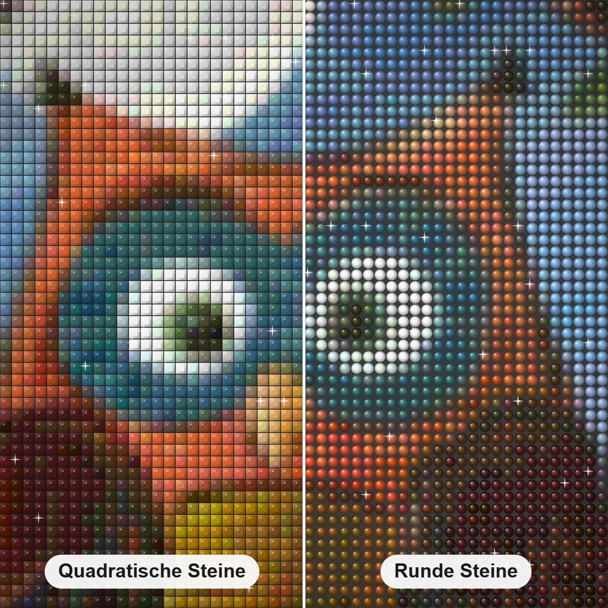 Ruhende Eule Diamond Painting Nahaufnahme mit quadratischen und runden Steinen