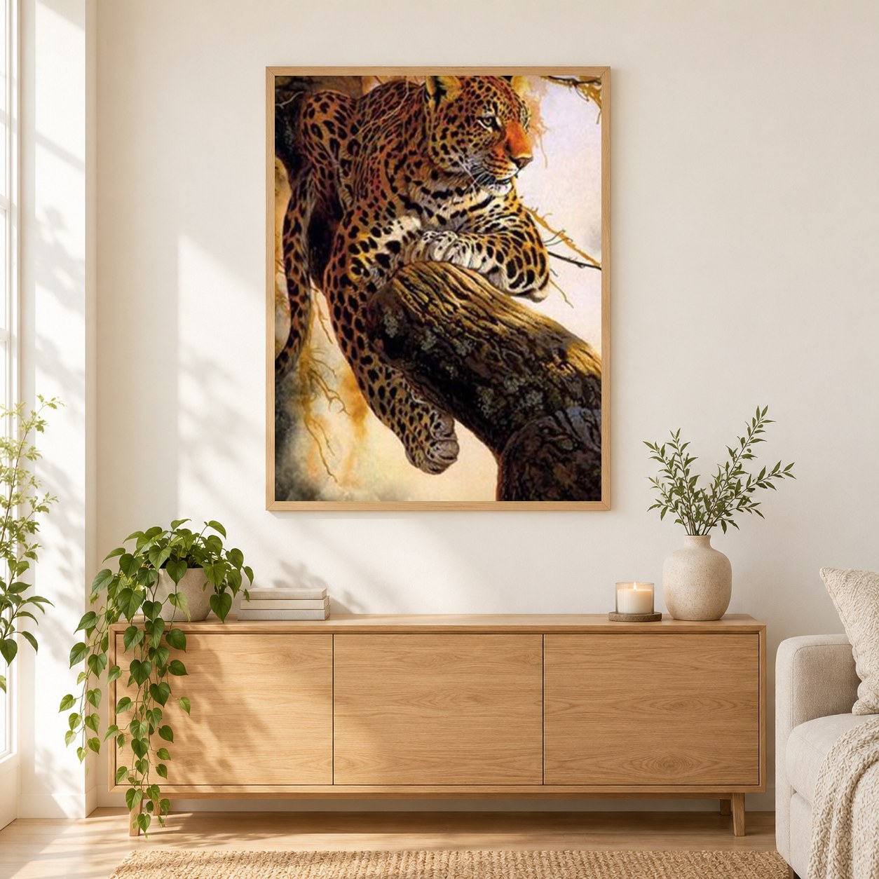 Ruhender Leopard als gerahmtes Diamond Painting im Wohnzimmer