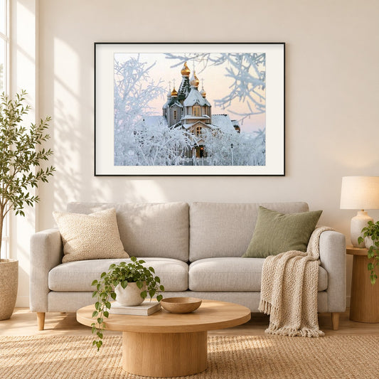Russisch-Orthodoxe Kirche Winter als gerahmtes Diamond Painting im Wohnzimmer