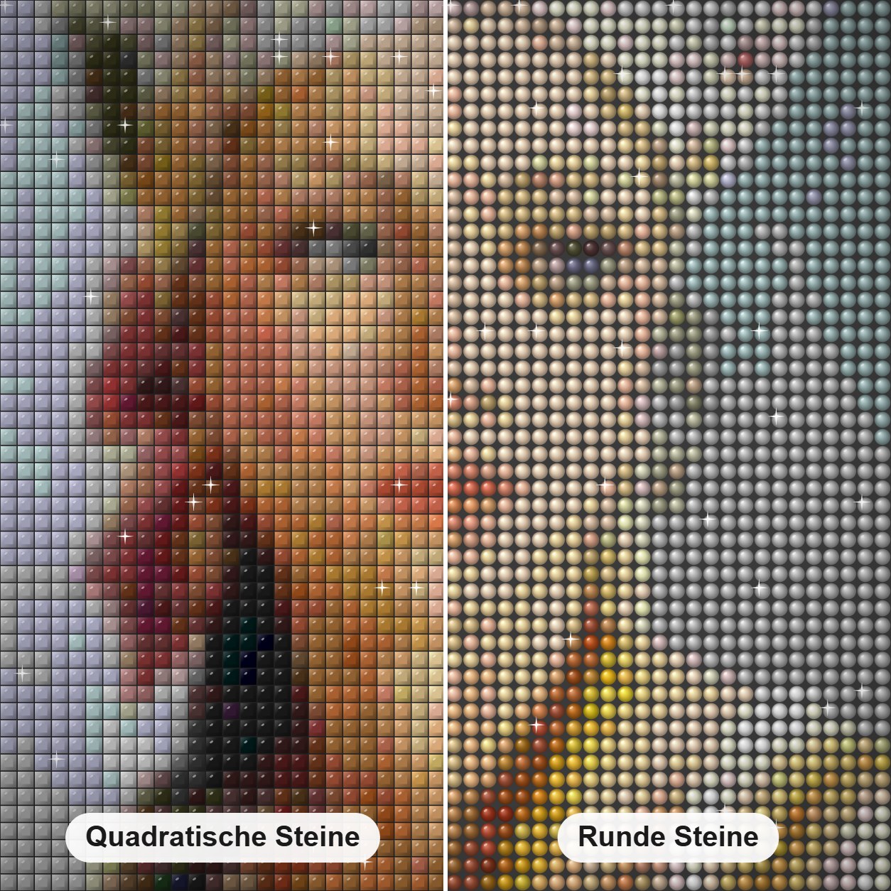 Russische Frau Diamond Painting Nahaufnahme mit quadratischen und runden Steinen
