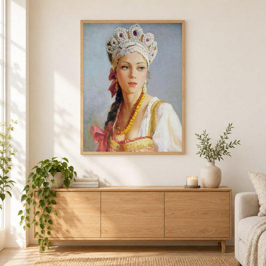 Russische Frau als gerahmtes Diamond Painting im Wohnzimmer
