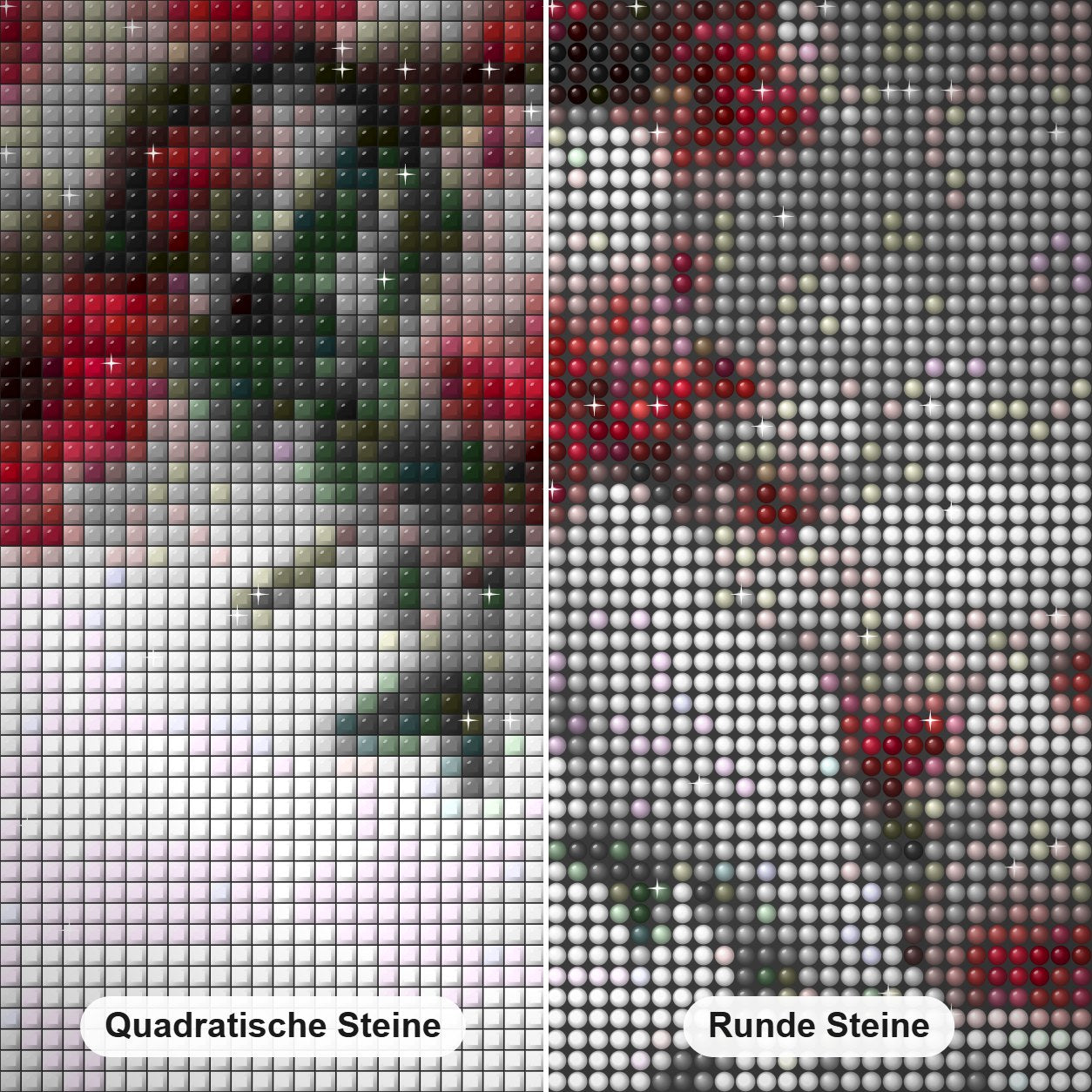 Russischer Winter & Schnee auf Blütenknospen Diamond Painting Nahaufnahme mit quadratischen und runden Steinen