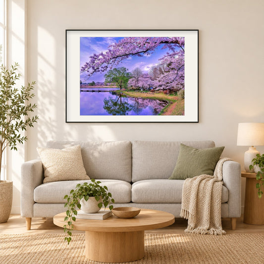 Sakura Bäume malen von Diamanten als gerahmtes Diamond Painting im Wohnzimmer