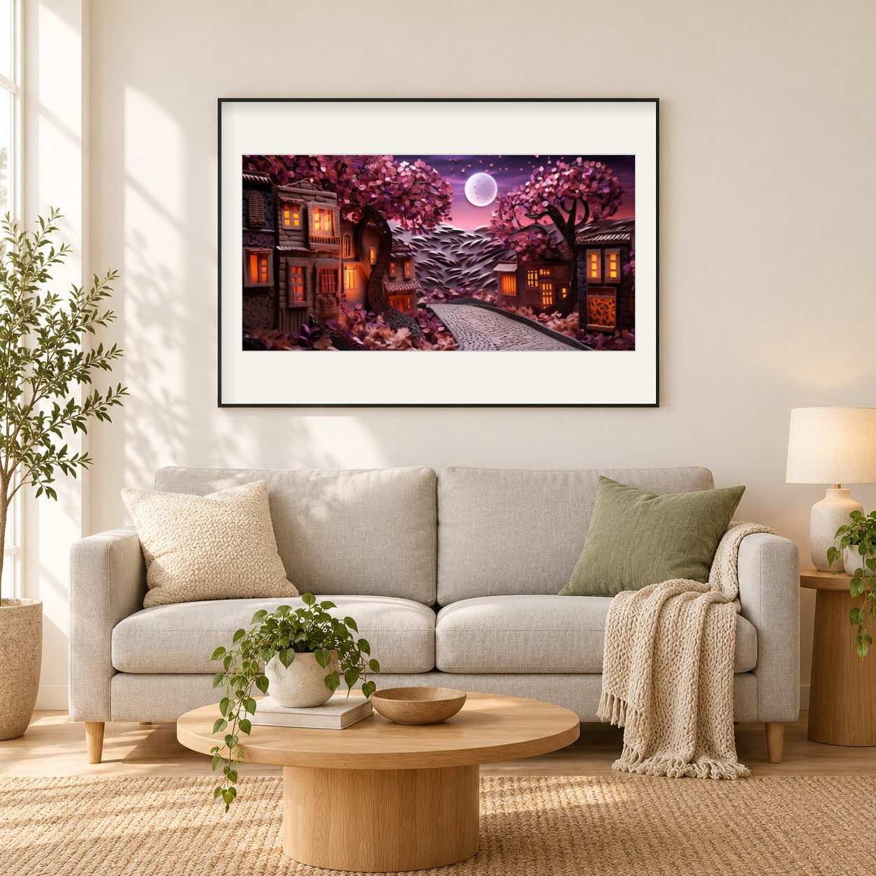 Sakura-Bäume und Nachtansicht als gerahmtes Diamond Painting im Wohnzimmer