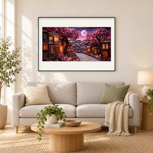 Sakura-Bäume und Nachtansicht als gerahmtes Diamond Painting im Wohnzimmer