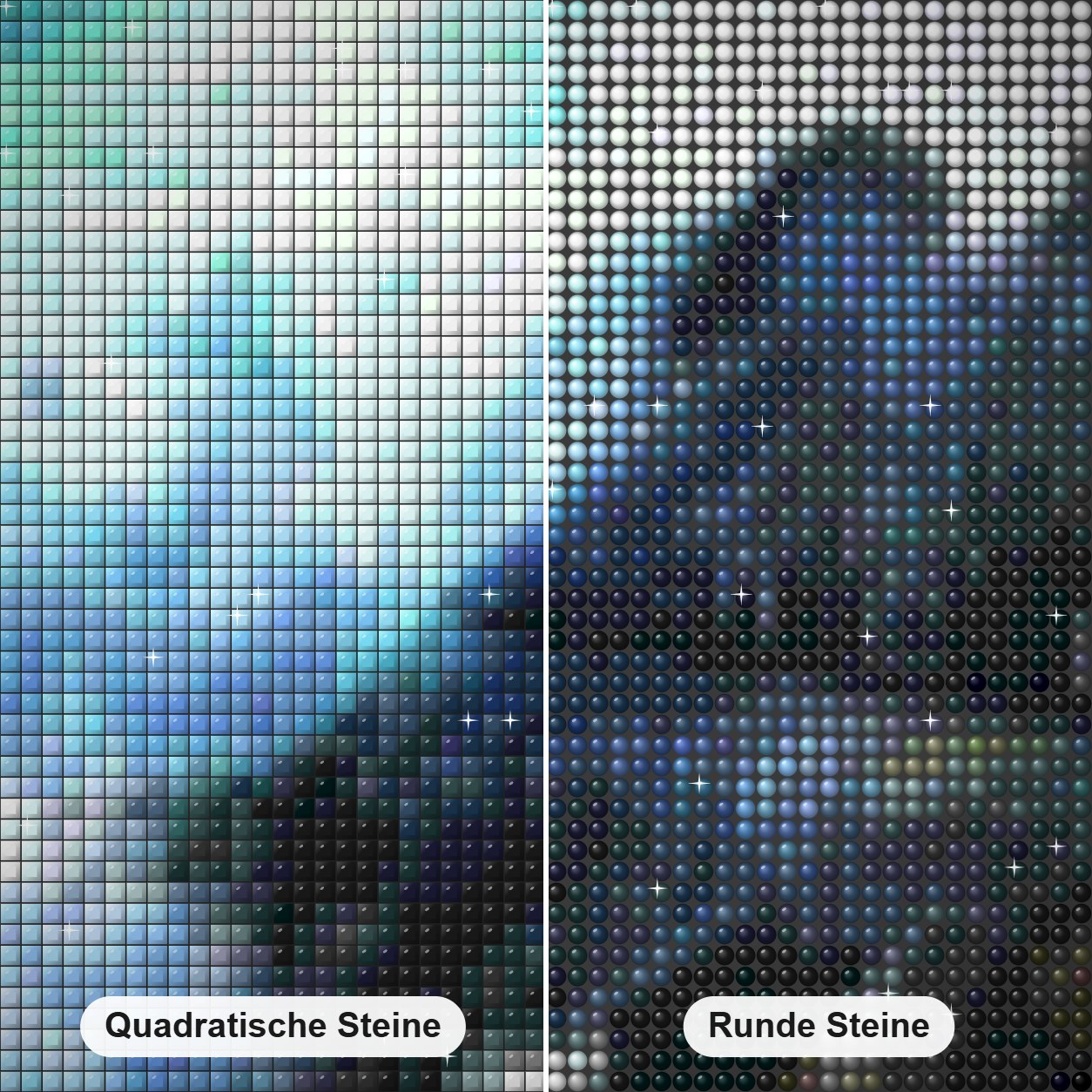 Salz Punkt - Kunst des Jean Guillet Diamond Painting Nahaufnahme mit quadratischen und runden Steinen