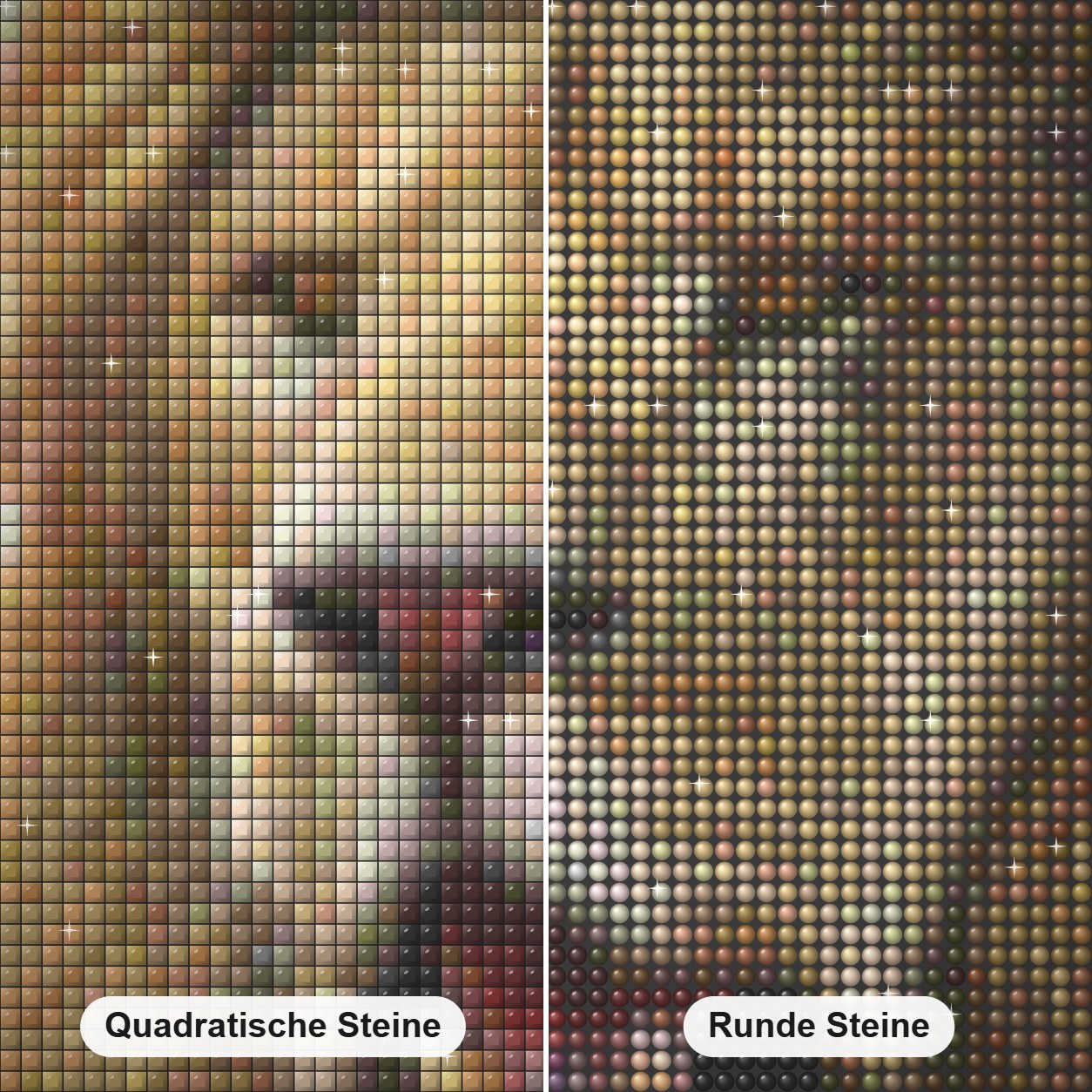 Samoni II -  Kunst des Eric Wilson Diamond Painting Nahaufnahme mit quadratischen und runden Steinen
