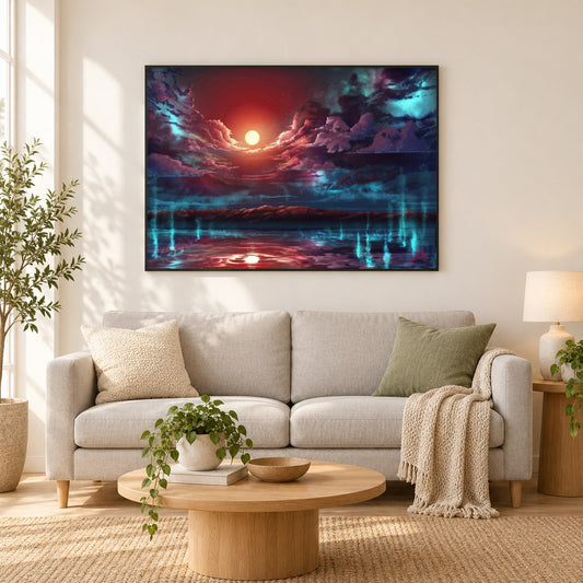 San Luis Reservoir - Kunst des Jean Guillet als gerahmtes Diamond Painting im Wohnzimmer