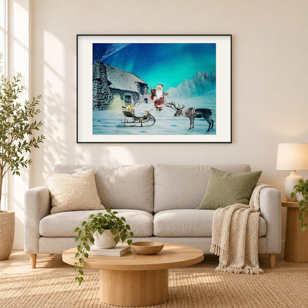 Santa bereit für Weihnachten als gerahmtes Diamond Painting im Wohnzimmer