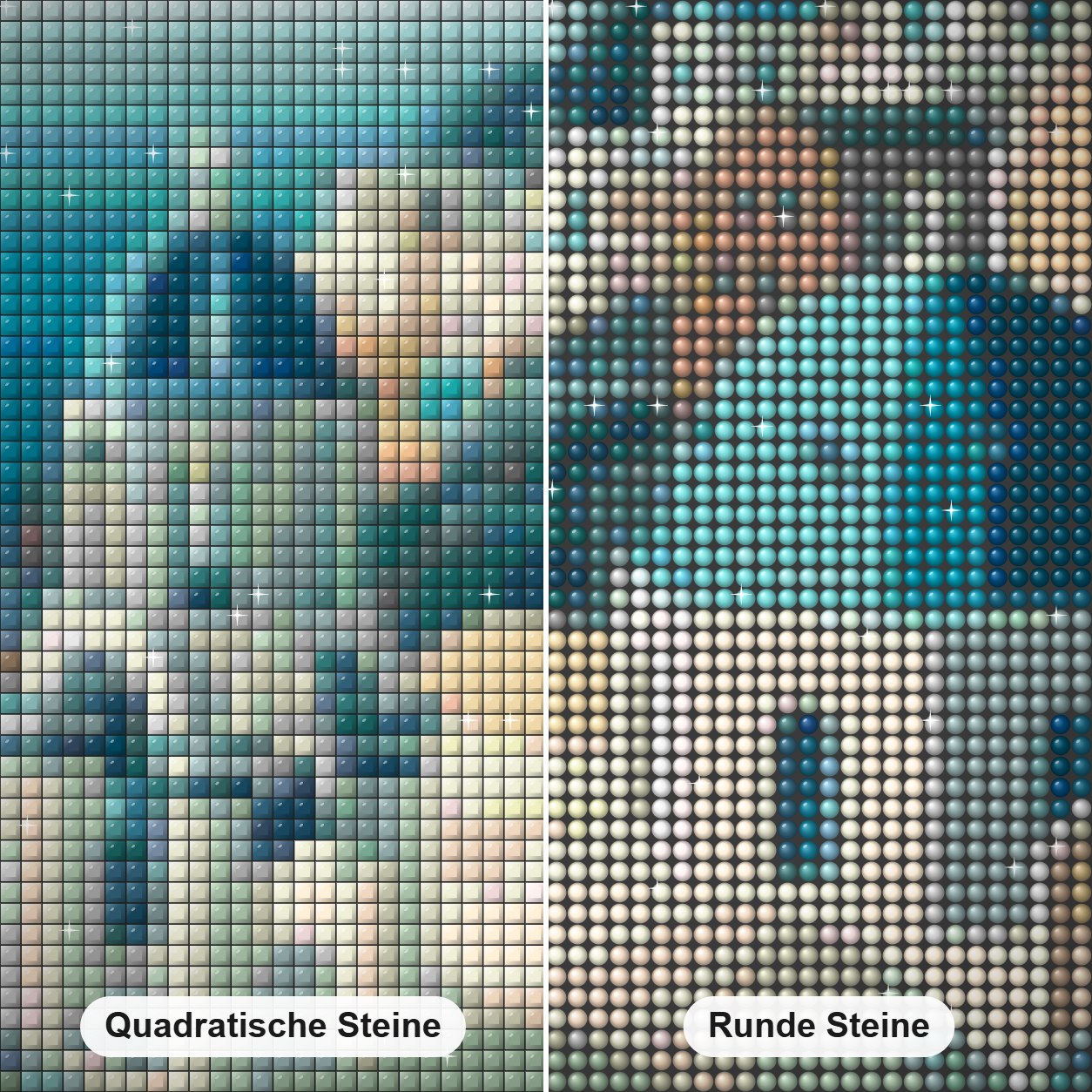 Santorini Griechenland Diamantkunst Diamond Painting Nahaufnahme mit quadratischen und runden Steinen