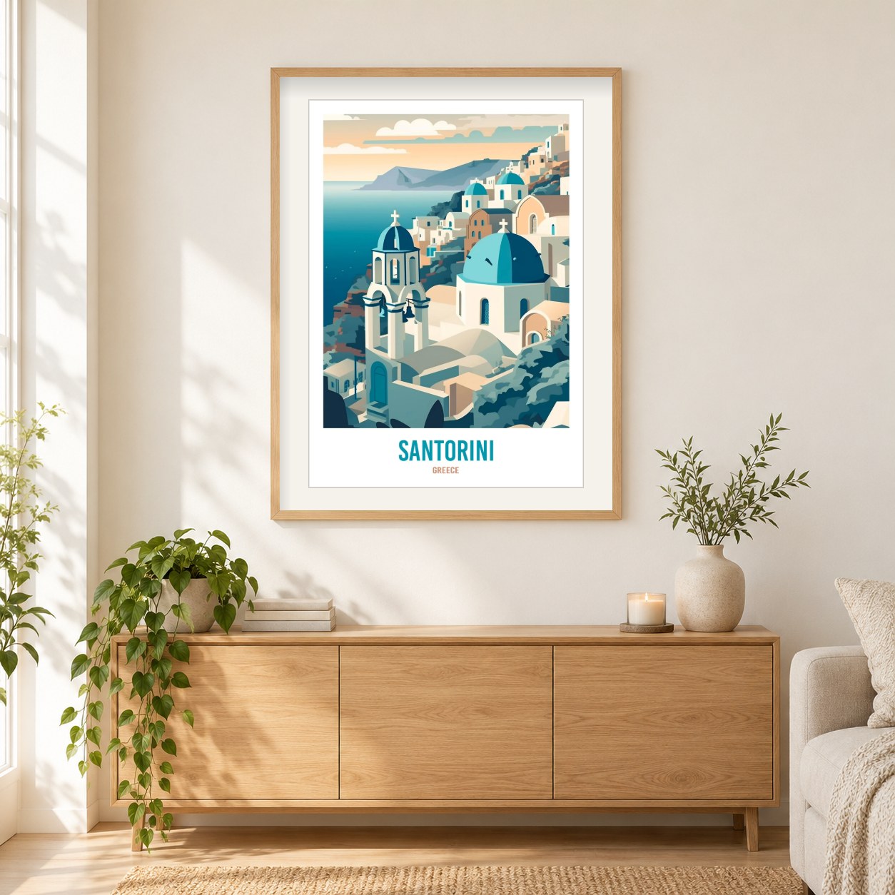Santorini Griechenland Diamantkunst als gerahmtes Diamond Painting im Wohnzimmer