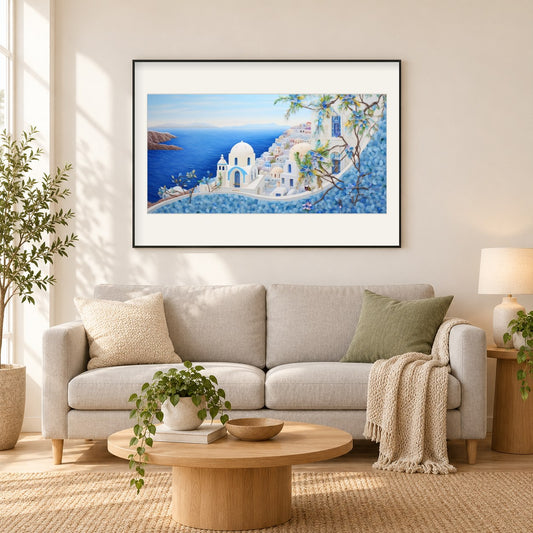 Blick auf die Insel Santorin als gerahmtes Diamond Painting im Wohnzimmer